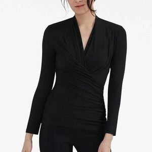 MM LaFleur The‎ Fey Black Ruched Long Sleeve Top Deep V Neck Blouse small
